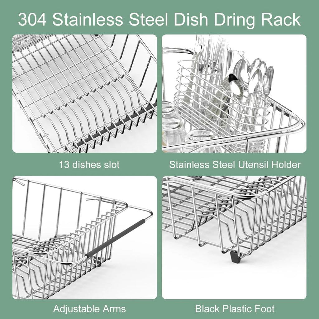 Dish Drying Rack in-Sink 304 Stainless Steel Dish Drainer with Stainless Steel Silverware Holder Over Inside Sink-Adjustable – Durable Stainless Steel Construction for Simple Storage and Daily Tasks