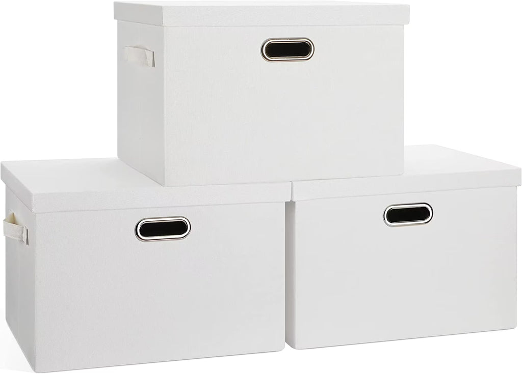 Large 17" 36 Quart Collapsible Stackable Storage Bins with Lids 3 Packs White Linen Fabric Closet Boxes with Lids Storage Cube Baskets Container Organizers for Bedroom Office(17 x12 x11) – Multiroom Organization Format for Simple Storage and Daily Tasks