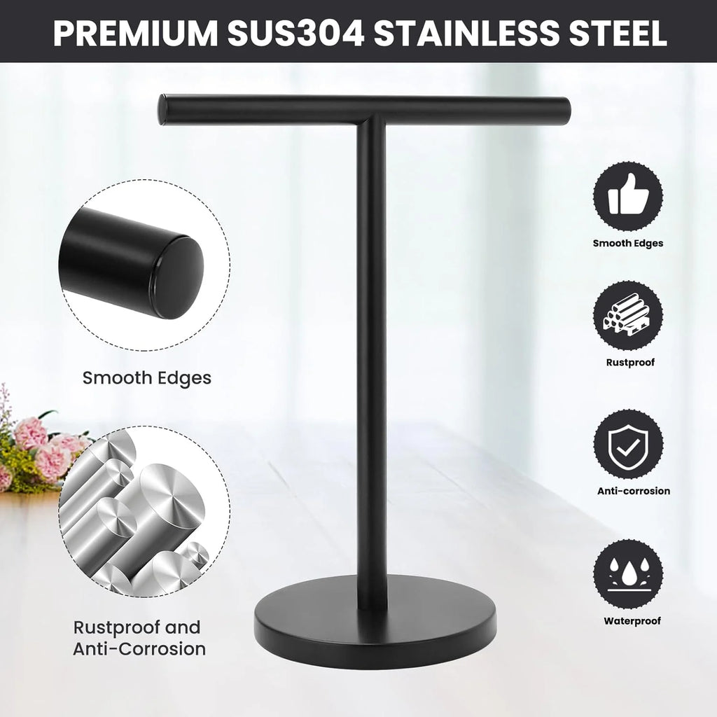 T-Shape Bath Hand Towel Holder Stand Stainless Steel Free Standing Hand Towel Rack with Heavy Base for Bathroom Kitchen & Countertop Matte Black – Durable Stainless Steel Construction for Simple Storage and Daily Tasks