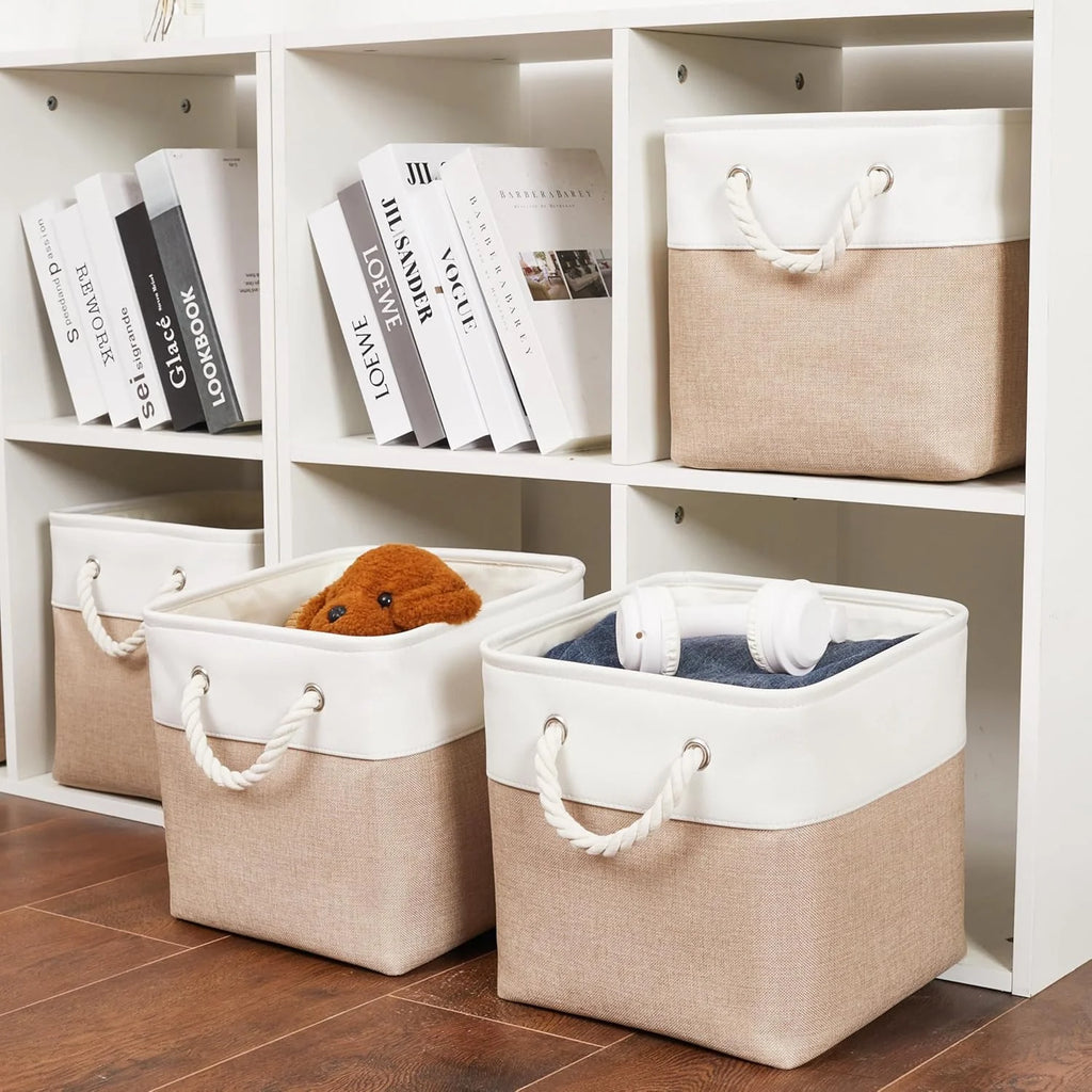 11 x 11 Inch Storage Cubes 6 Pack Large Collapsible Fabric Storage Bin White&Beige – Foldable Space-Saving Design for Simple Storage and Daily Tasks