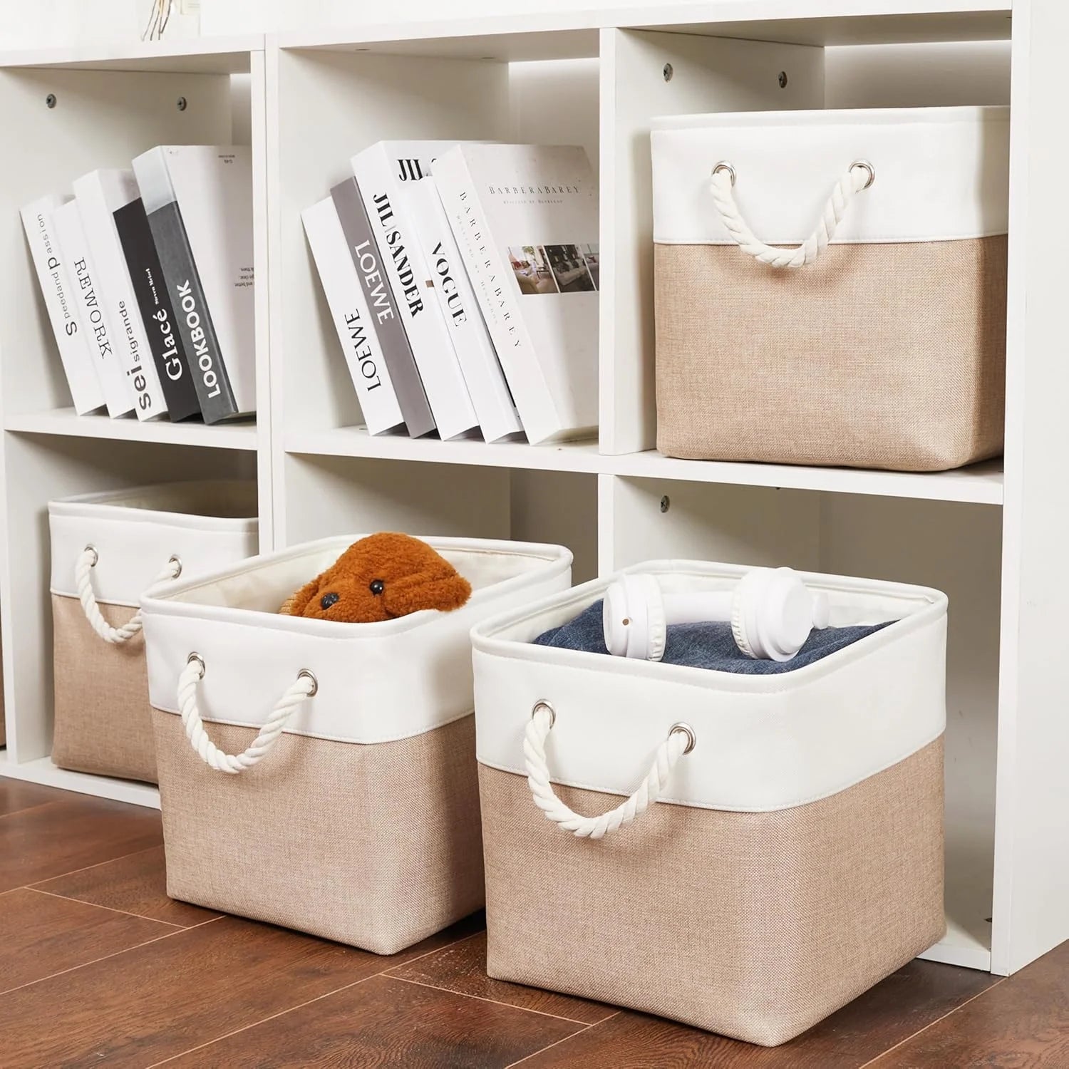 11 x 11 Inch Storage Cubes 6 Pack Large Collapsible Fabric Storage Bin White&Beige – Foldable Space-Saving Design for Simple Storage and Daily Tasks