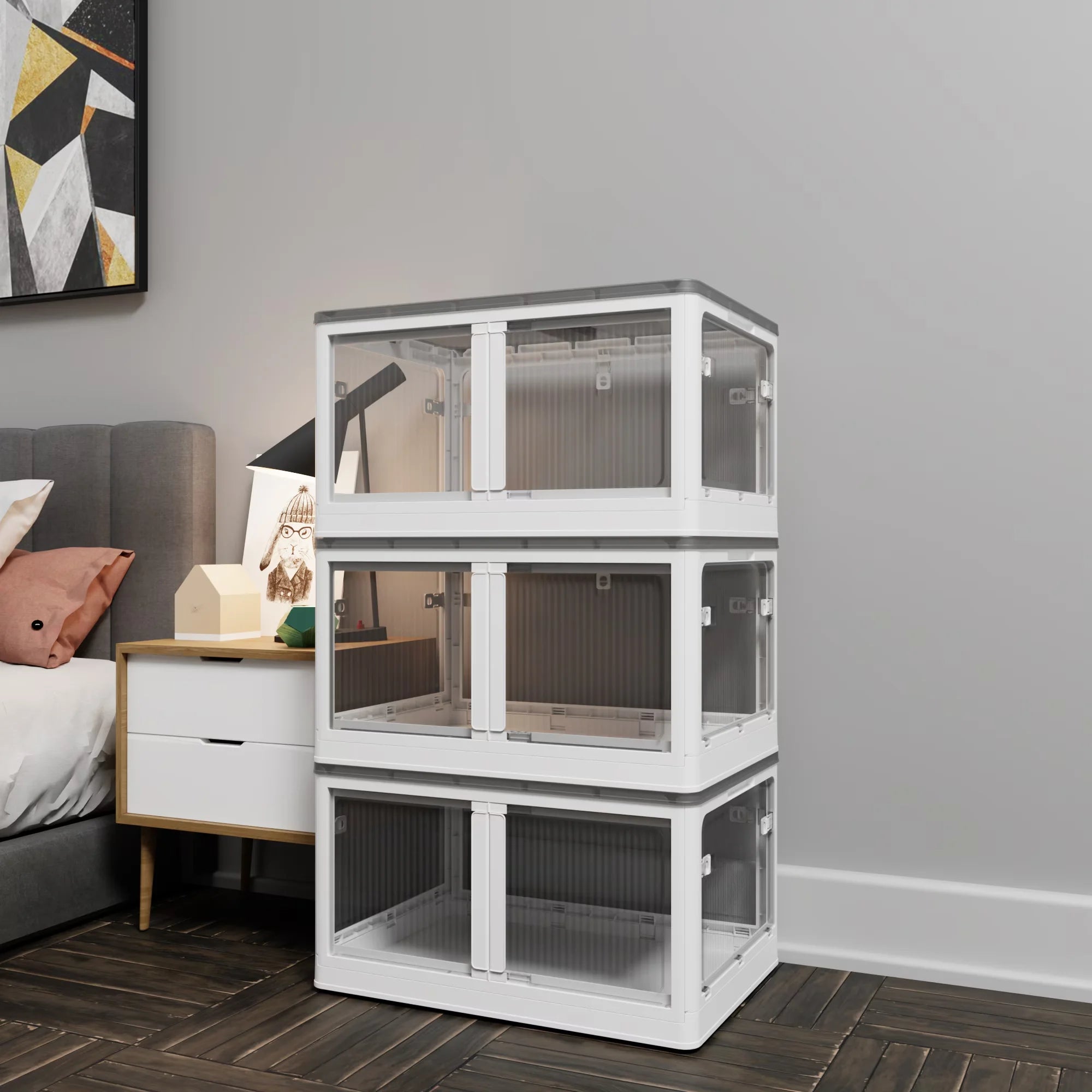 384QT 3-Pack Transparent Stackable Storage Bins with 5 Doors to Open with Wheels Folding Plastic Craft Containers Large Closet Organizers Box for Bedrooms Living Rooms Study Kids' Toys White – Stackable Organization for Simple Storage and Daily Tasks