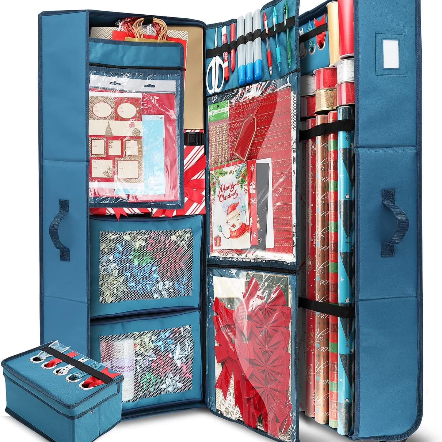 Wrapping Paper Storage Container with Ribbon Dispenser and Interior Pockets - Large Christmas Storage Containers with Wheels Fits 30 Rolls of 40" Length Blue – Everyday Household Format for Simple Storage and Daily Tasks