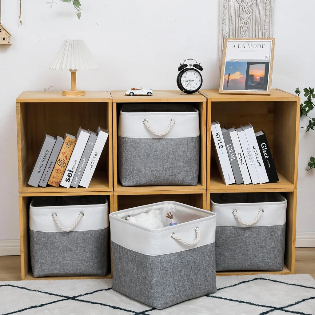 13 x 13 Inch Cube Storage Bins 6 Pack Extra Large Collapsible Fabric Storage Bin with Ropes Foldable Storage Cubes for Home (White & Beige-13"x13"x13") – Foldable Space-Saving Design for Simple Storage and Daily Tasks