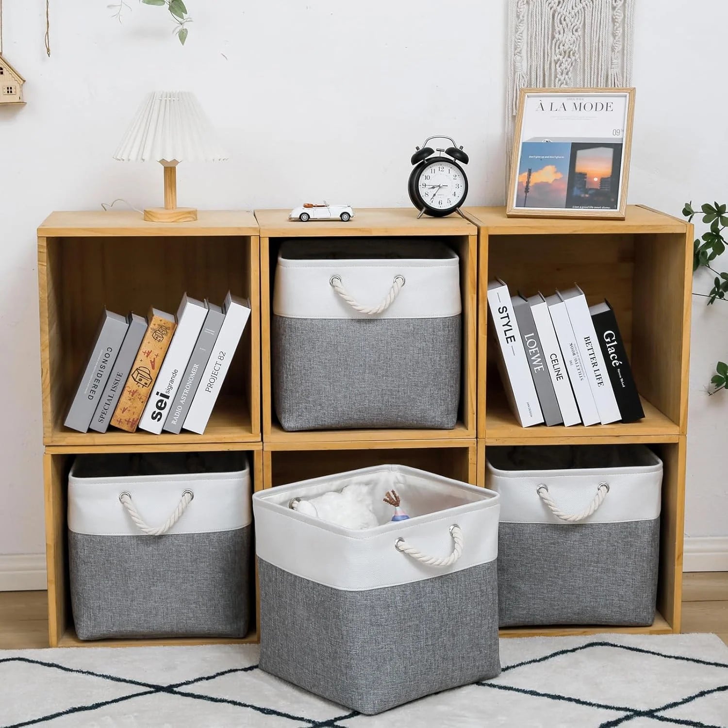 13 x 13 Inch Cube Storage Bins 6 Pack Extra Large Collapsible Fabric Storage Bin with Ropes Foldable Storage Cubes for Home (White & Beige-13"x13"x13") – Foldable Space-Saving Design for Simple Storage and Daily Tasks