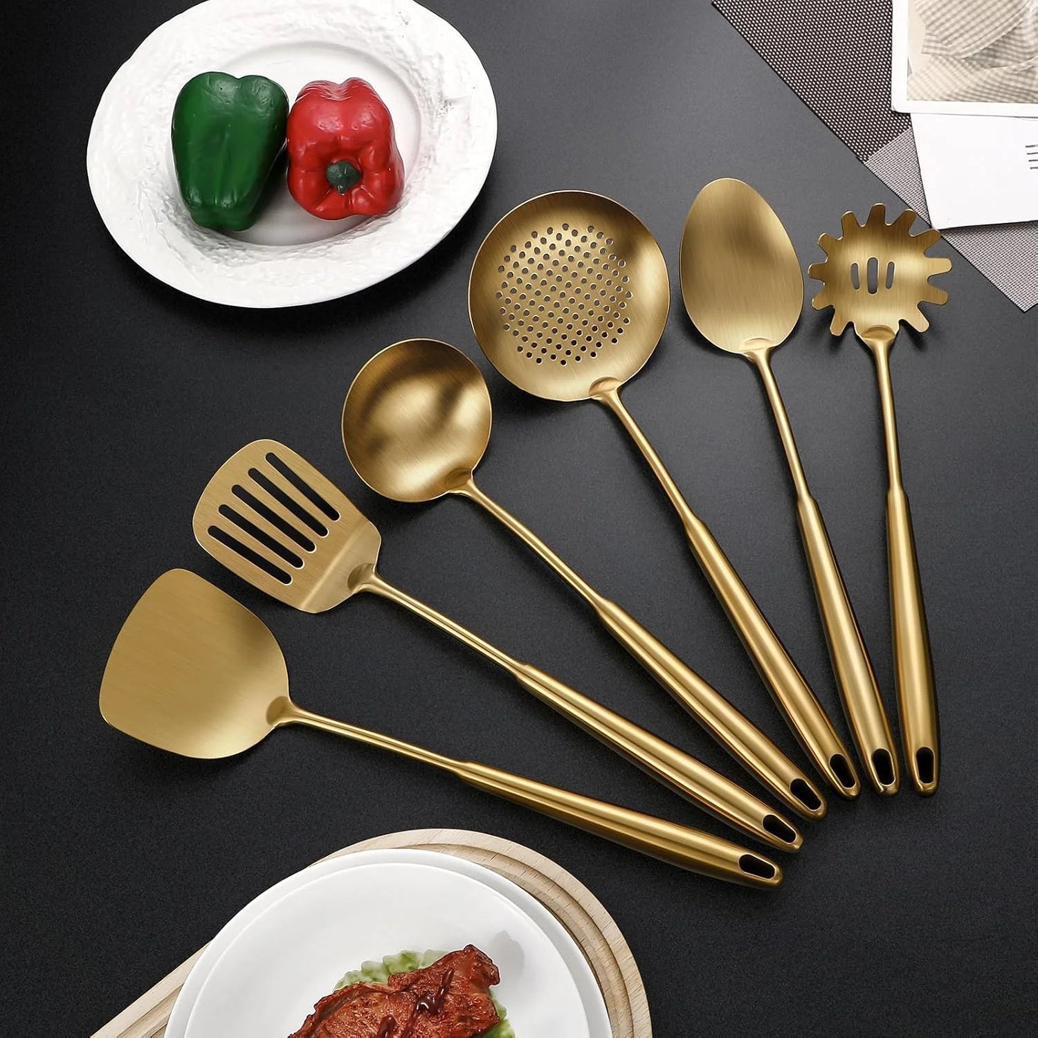 304 Stainless Steel Cooking Utensils,6 Pcs Kitchen Cooking Utensils Set with Spatula Solid Spoon Ladle Skimmer Spaghetti Spoon,Dishwasher Suitable(Gold) – Durable Stainless Steel Construction for Simple Storage and Daily Tasks