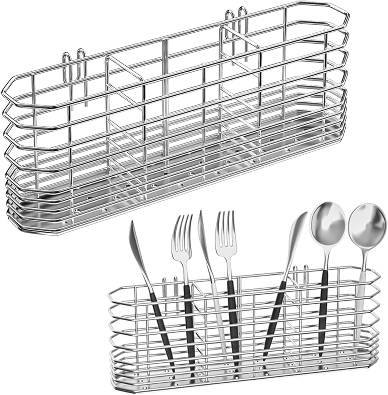 304 Stainless Steel Utensil Holder Dish Drying Rack kitchen Utensil Organizer Knife and Fork Drainage Rack Kitchen Drainage Basket Accessories With Hooks Rust-resistant Color-Silver – Durable Stainless Steel Construction for Simple Storage and Daily Tasks