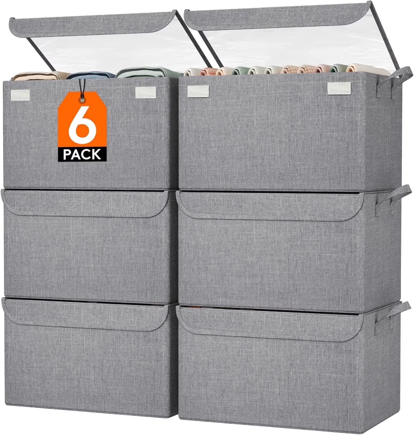 Fabric Storage Boxes 6 Pcs Stackable Storage Bins with Clear Lids Foldable Oxford Cloth Cube Closet Organizer Baskets Clothes Containers for Towels Blankets Books Light Grey-Large – Foldable Space-Saving Design for Simple Storage and Daily Tasks