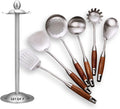Cooking Utensils Set,7pcs 304 Stainless Steel Kitchen Utensils Set with Holder,Heat Resistant Wooden Handle Kitchen Tools – Convenient Carry Handles for Simple Storage and Daily Tasks