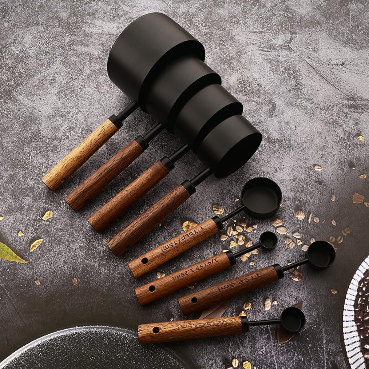 8 pieces Golden Measuring Cups Set and Measuring Spoons Set with Scale Wooden Handle Stainless Steel Dry & Liquid Measuring Cup for Cooking Baking – Convenient Carry Handles for Simple Storage and Daily Tasks