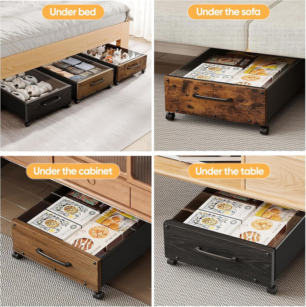 Wooden Under Bed Storage with Wheels Rolling Under the Bed Storage Bins with Removable Lid Metal Under Bed Drawers for Clothes and Shoes in Bedroom or Living Room(Black Wood-2pack) – Easy-Roll Mobility for Simple Storage and Daily Tasks