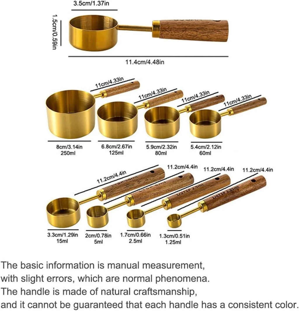 8 pieces Golden Measuring Cups Set and Measuring Spoons Set with Scale Wooden Handle Stainless Steel Dry & Liquid Measuring Cup for Cooking Baking – Convenient Carry Handles for Simple Storage and Daily Tasks