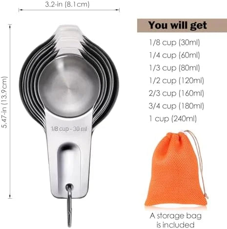 Measuring Cups 7PCS Stainless Steel Measuring Cups with a Storage Bag for Cooking & Baking Dishwasher Suitable – Durable Stainless Steel Construction for Simple Storage and Daily Tasks