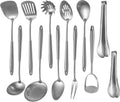 304 Stainlss Steel Kitchen Utensils Set 12 Pcs Long Metal Cooking Utensil Gadgets Tools Set with Spatula Ladle Spoon Ladle Skimmer Tunner Pasta Server Tongs(Silver Dishwasher Suitable) – Convenient Multi-Piece Set for Simple Storage and Daily Tasks