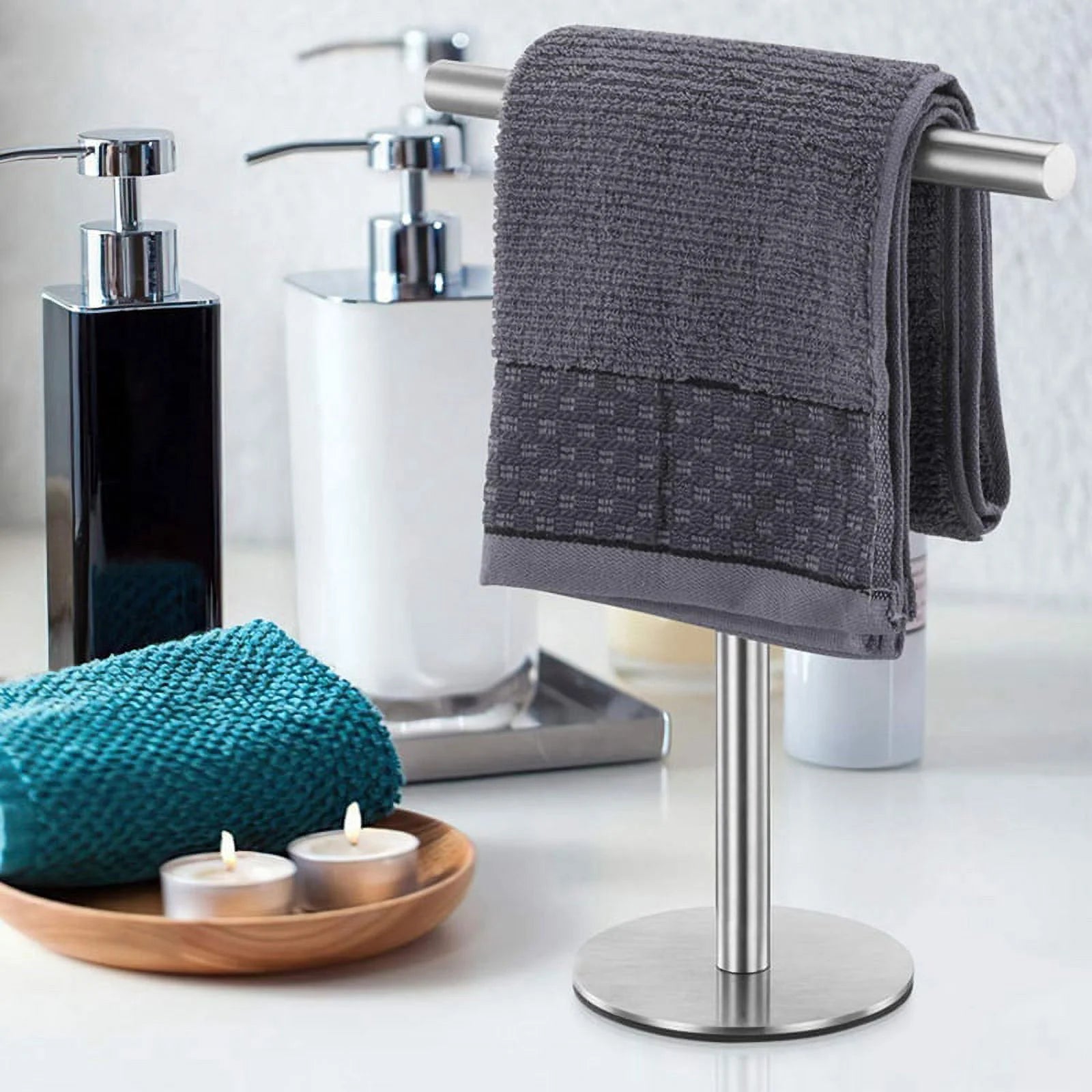 Brushed Standing Towel Rack Heavy Duty Base Stainless Steel T-Shaped Hand Towel Stand for Bathroom Kitchen. – Durable Stainless Steel Construction for Simple Storage and Daily Tasks