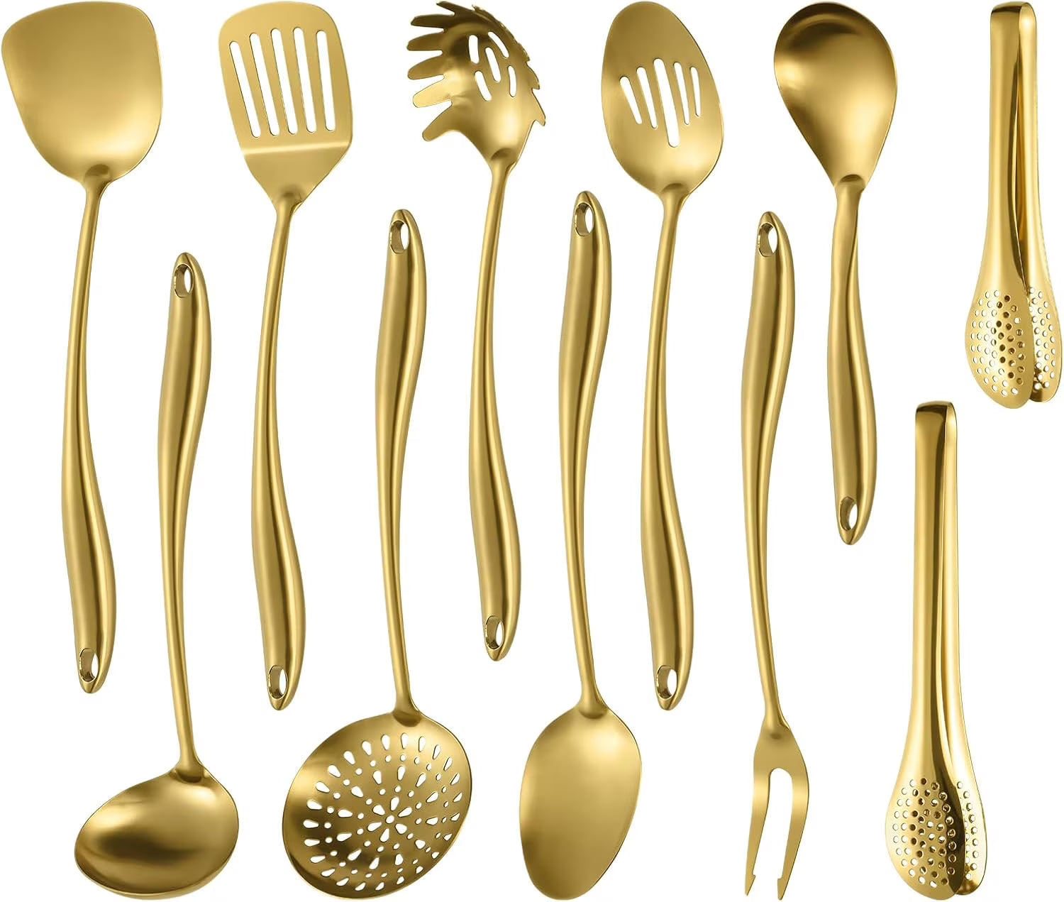 304 Stainless Steel Matte Kitchen Utensils Set 11 Pcs Long Metal Cooking Utensils Set Gold Cooking Utensils Set Dishwasher Suitable – Durable Stainless Steel Construction for Simple Storage and Daily Tasks