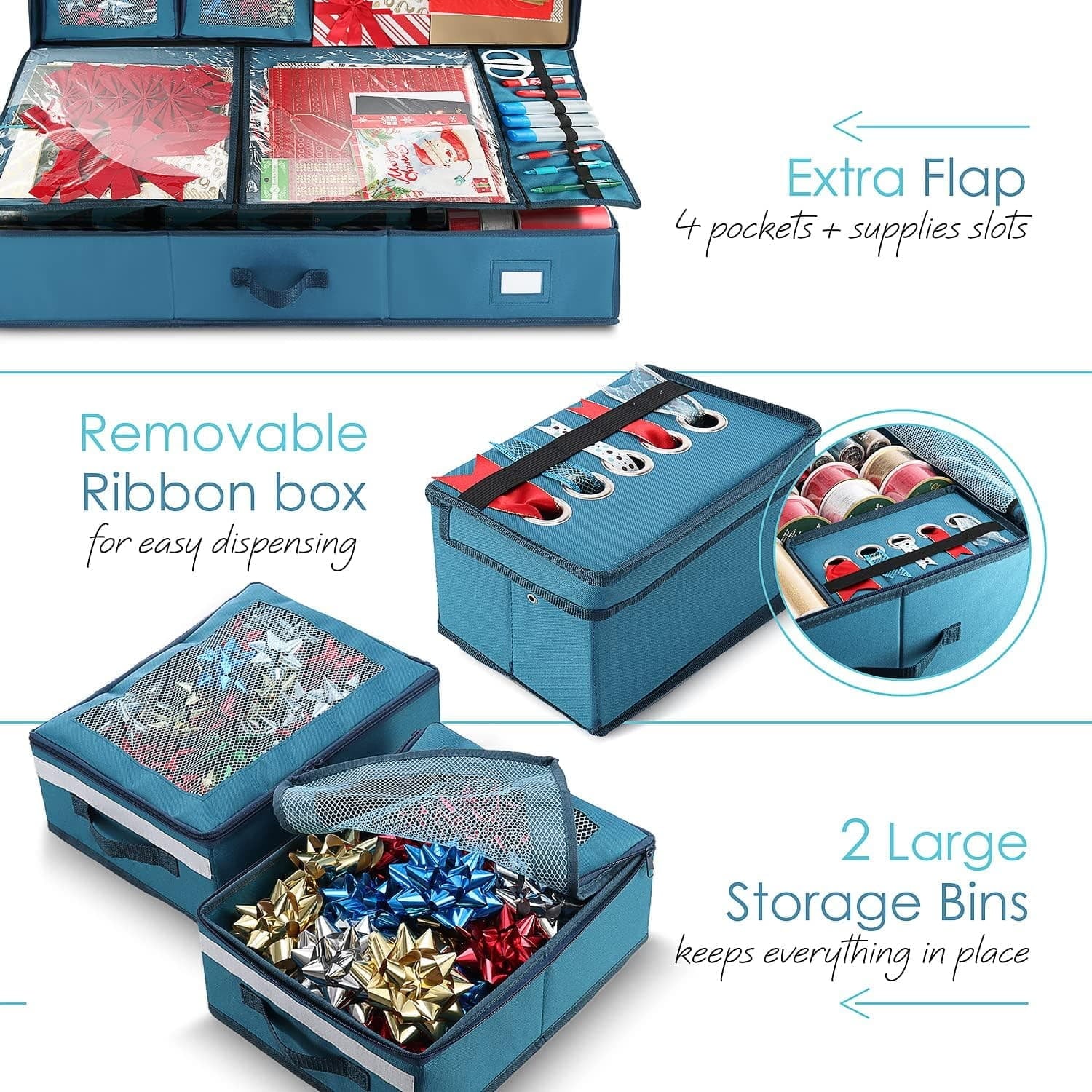Wrapping Paper Storage Container with Ribbon Dispenser and Interior Pockets - Large Christmas Storage Containers with Wheels Fits 30 Rolls of 40" Length Blue – Multiroom Organization Format for Simple Storage and Daily Tasks