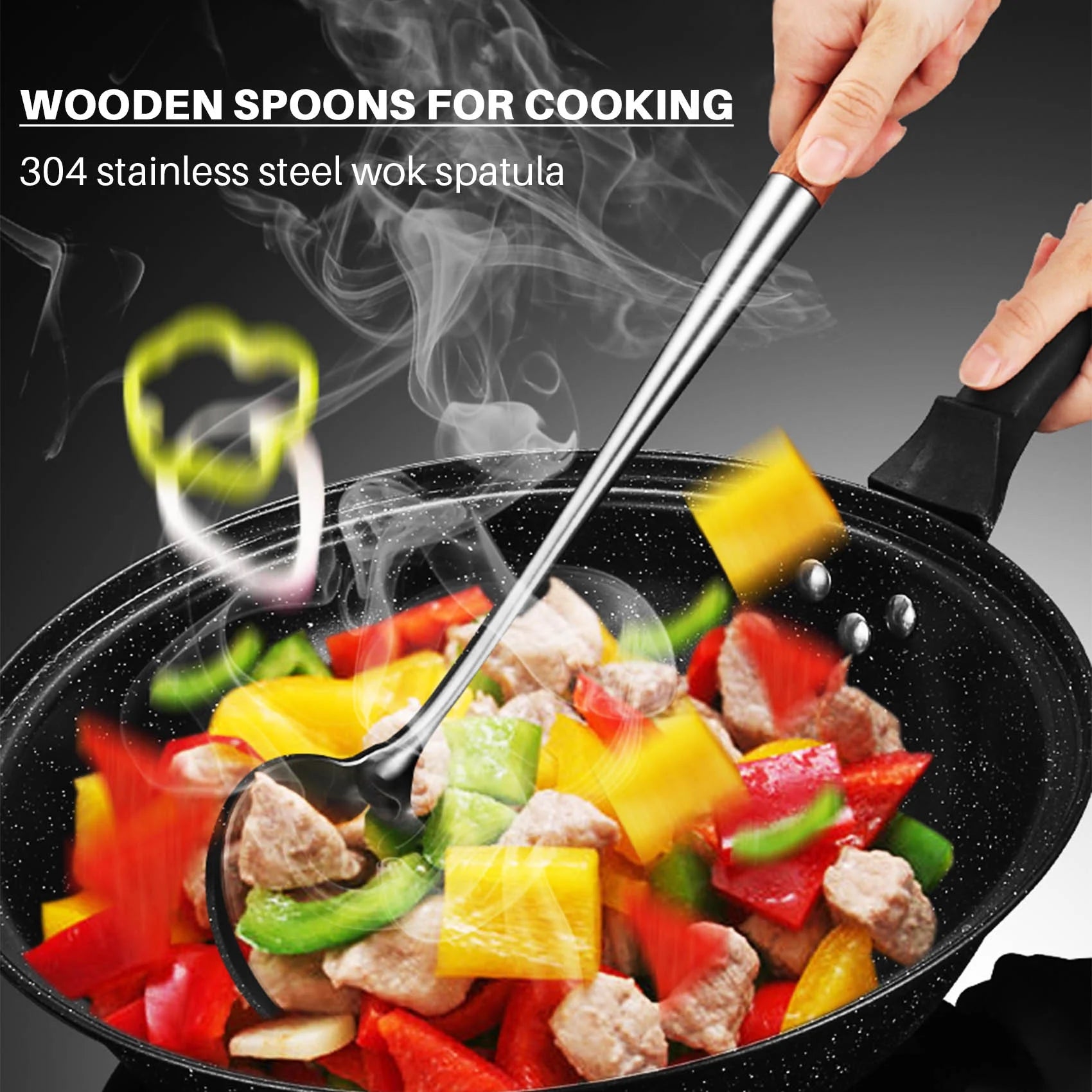 Long Handle Stainless Steel Wok Kitchen Slotted Turner Rice Spoon Ladle Cooking Tools Utensil Set – Convenient Carry Handles for Simple Storage and Daily Tasks