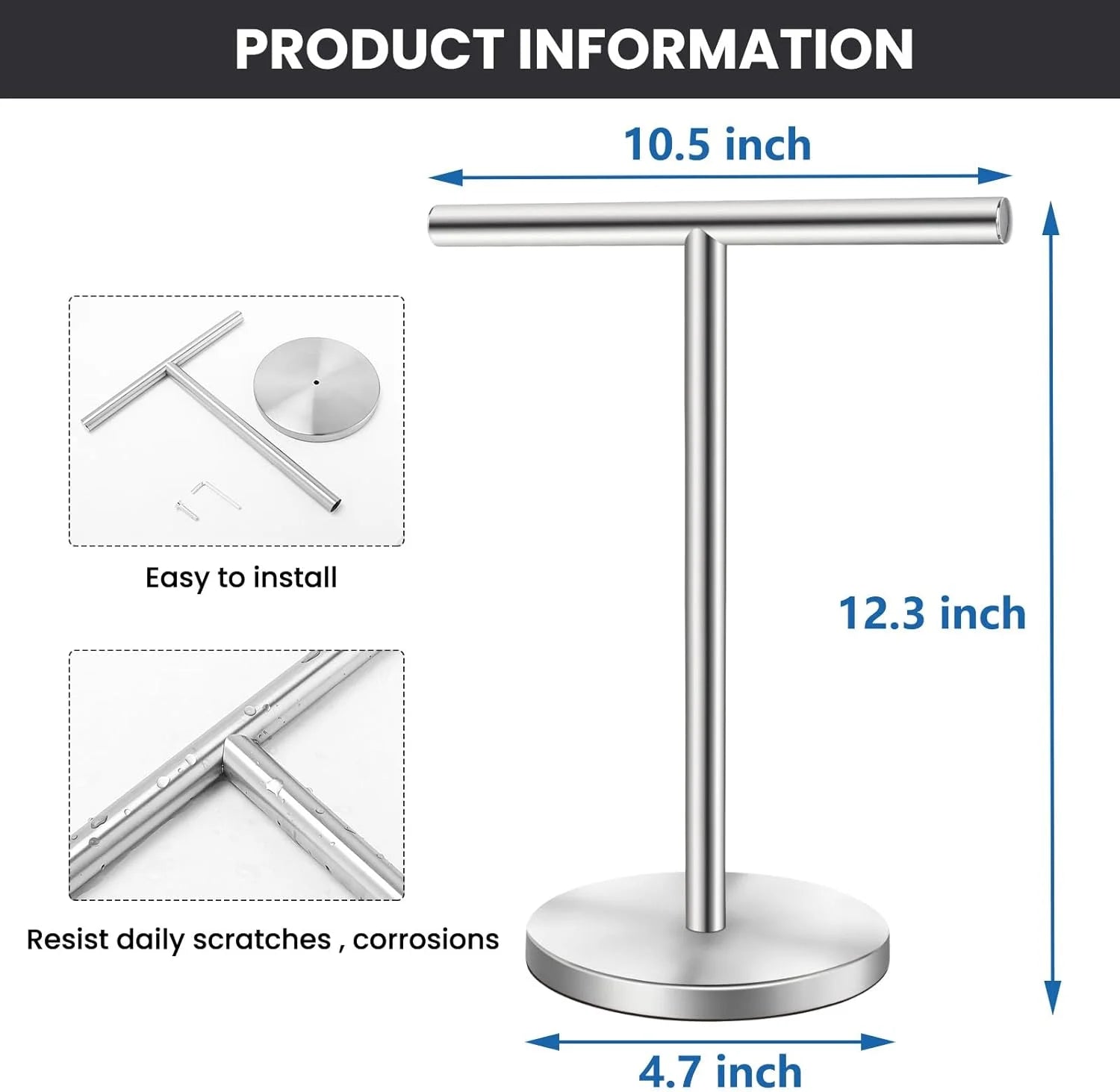 T-Shape Bath Hand Towel Holder Stand Stainless Steel Free Standing Hand Towel Rack with Heavy Base for Bathroom Kitchen & Countertop Matte Black – Durable Stainless Steel Construction for Simple Storage and Daily Tasks