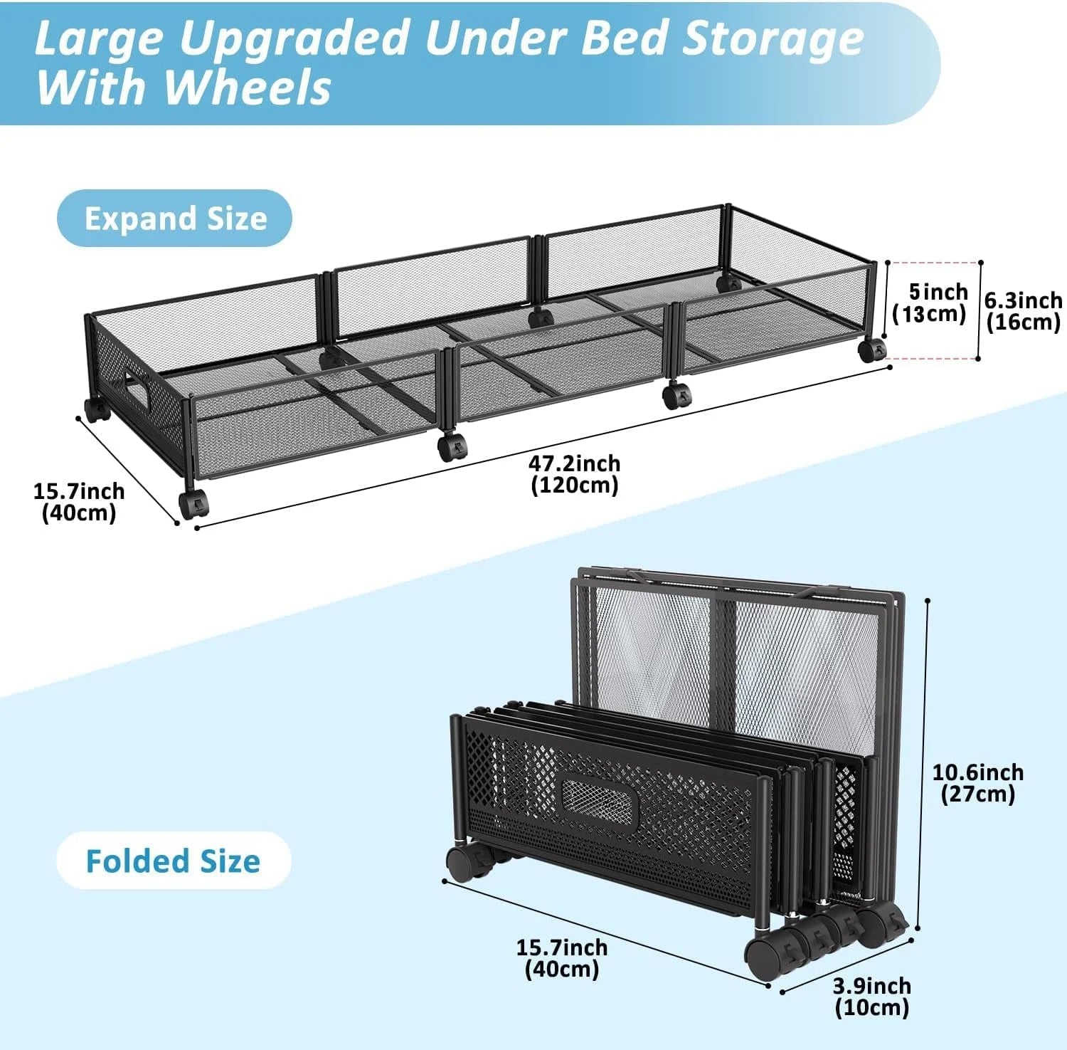 47.2'' Long Under Bed Storage on Wheels 57.6L Large Capacity Rolling Under the Bed Storage Containers Tool-Free Assembly Foldable Underbed Shoes Clothes Toy Drawers – Multiroom Organization Format for Simple Storage and Daily Tasks