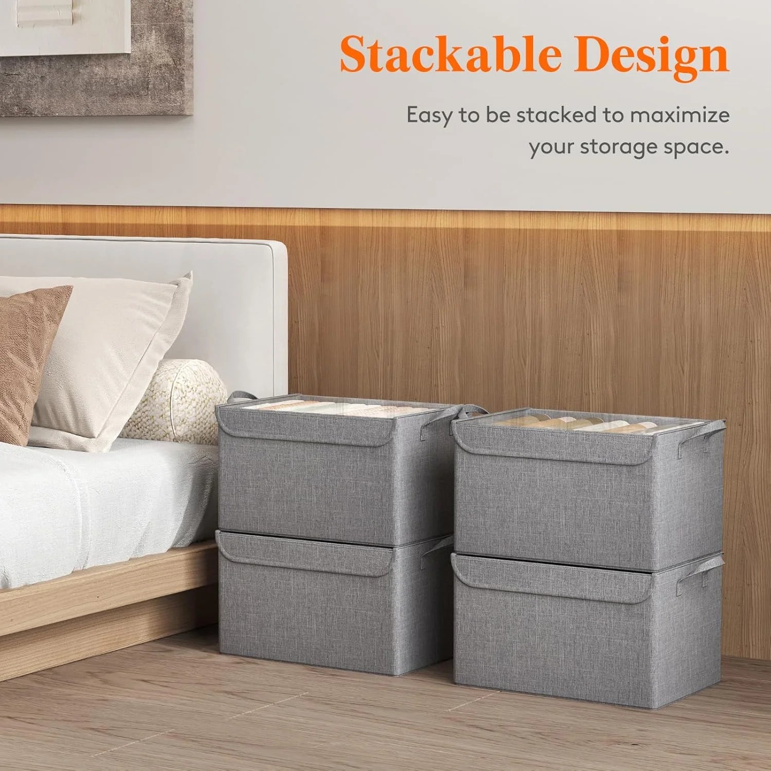 Fabric Storage Boxes 6 Pcs Stackable Storage Bins with Clear Lids Foldable Oxford Cloth Cube Closet Organizer Baskets Clothes Containers for Towels Blankets Books Light Grey-Large – Foldable Space-Saving Design for Simple Storage and Daily Tasks