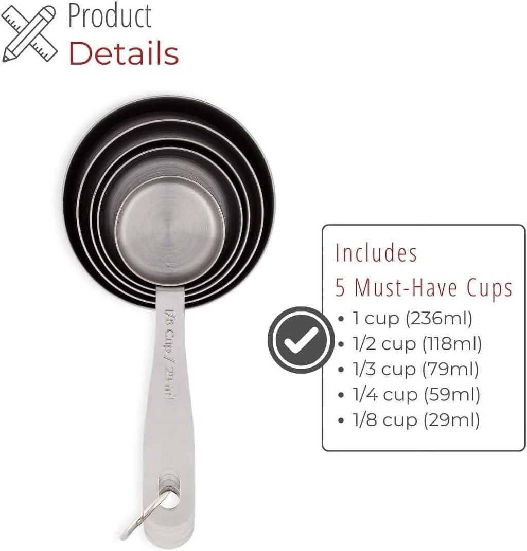 Stainless Steel Measuring Cups Heavy-Duty 5-Piece Set with Storage Ring – Kitchen Measuring Tools – Durable Stainless Steel Construction for Simple Storage and Daily Tasks