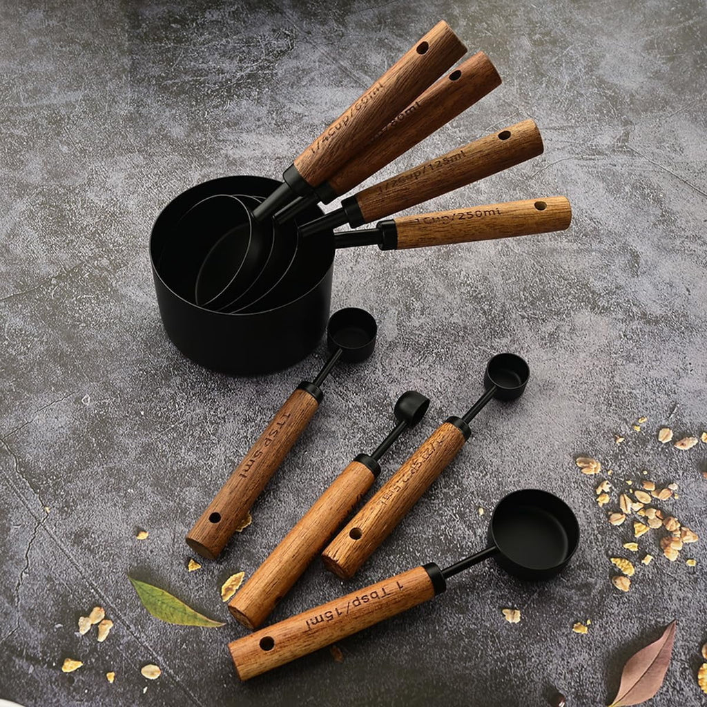 8 pieces Black Measuring Cups Set and Measuring Spoons Set with Scale Wooden Handle Stainless Steel Dry & Liquid Measuring Cup for Cooking Baking – Convenient Carry Handles for Simple Storage and Daily Tasks