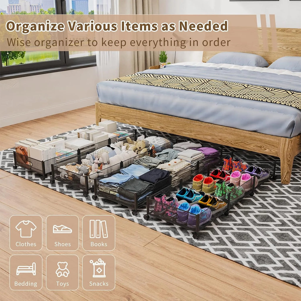 47.2'' Long Under Bed Storage on Wheels 57.6L Large Capacity Rolling Under the Bed Storage Containers Tool-Free Assembly Foldable Underbed Shoes Clothes Toy Drawers – Multiroom Organization Format for Simple Storage and Daily Tasks