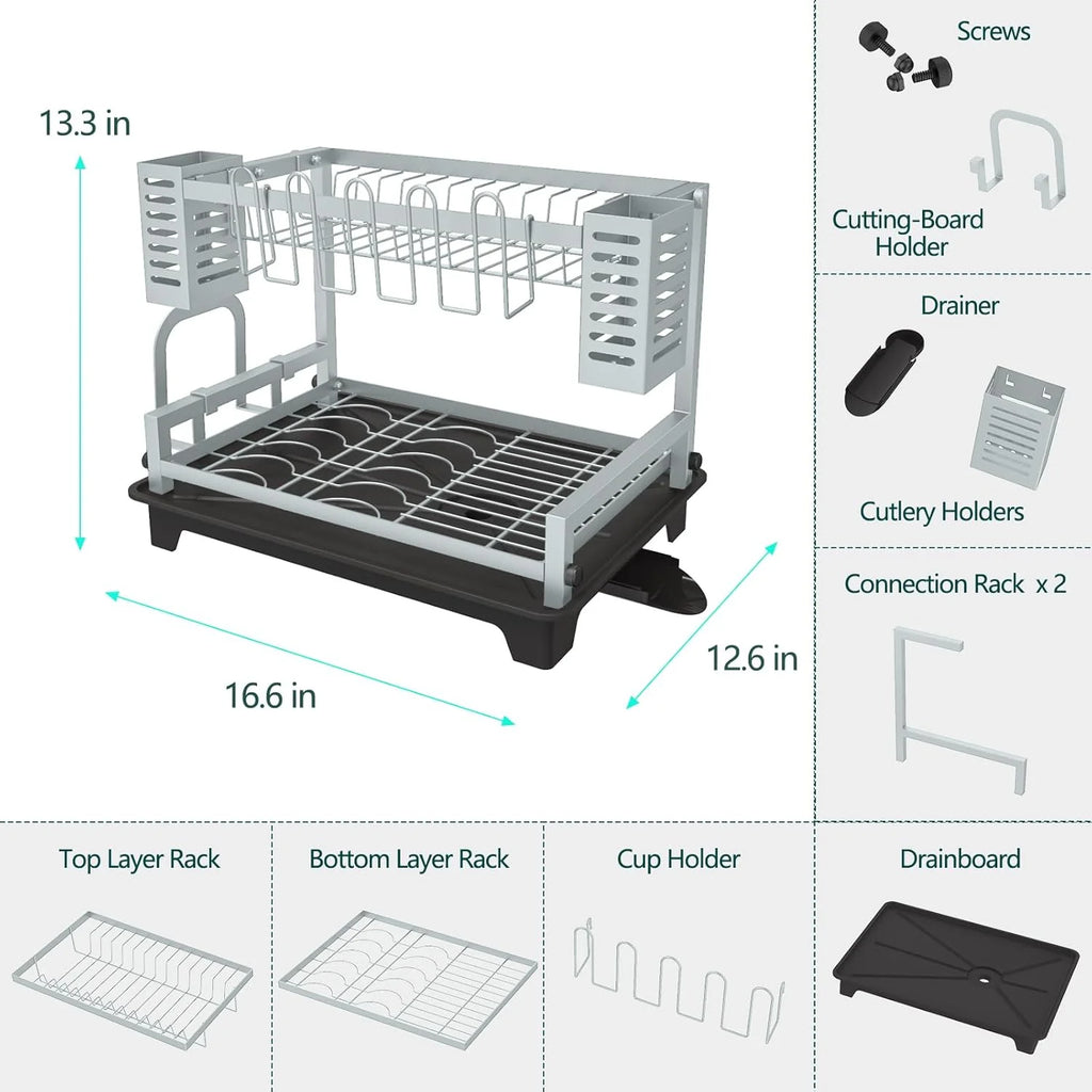 Dish Drying Rack: 2 Tier Dish Racks for Kitchen Counter and Sink - Large Dish Drying Rack with Drainboard & Utensil Holders - Stainless Steel Dish Drainers Kitchen Organization and – Durable Stainless Steel Construction for Simple Storage and Daily Tasks