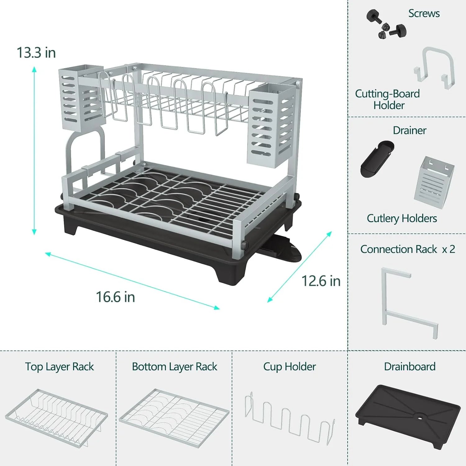 Dish Drying Rack: 2 Tier Dish Racks for Kitchen Counter and Sink - Large Dish Drying Rack with Drainboard & Utensil Holders - Stainless Steel Dish Drainers Kitchen Organization and – Durable Stainless Steel Construction for Simple Storage and Daily Tasks