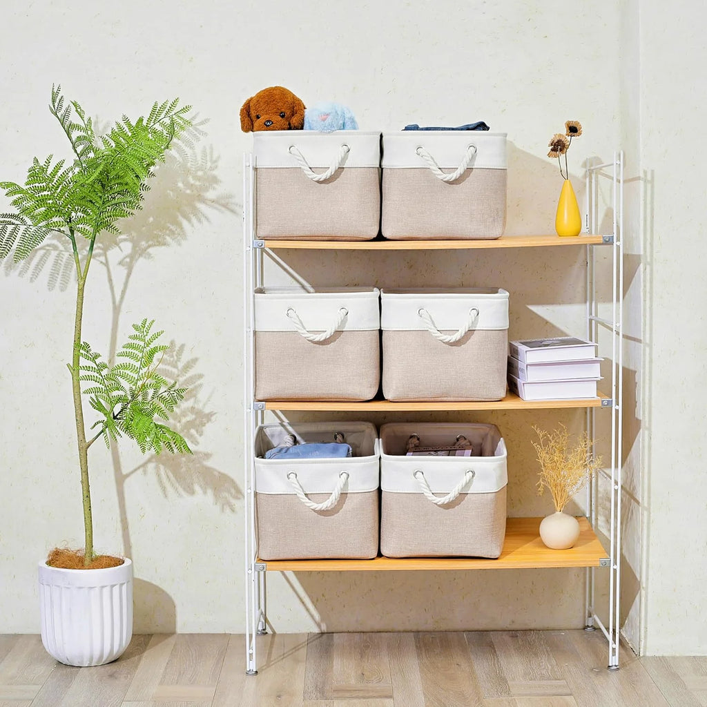 11 x 11 Inch Storage Cubes 6 Pack Large Collapsible Fabric Storage Bin White&Beige – Foldable Space-Saving Design for Simple Storage and Daily Tasks