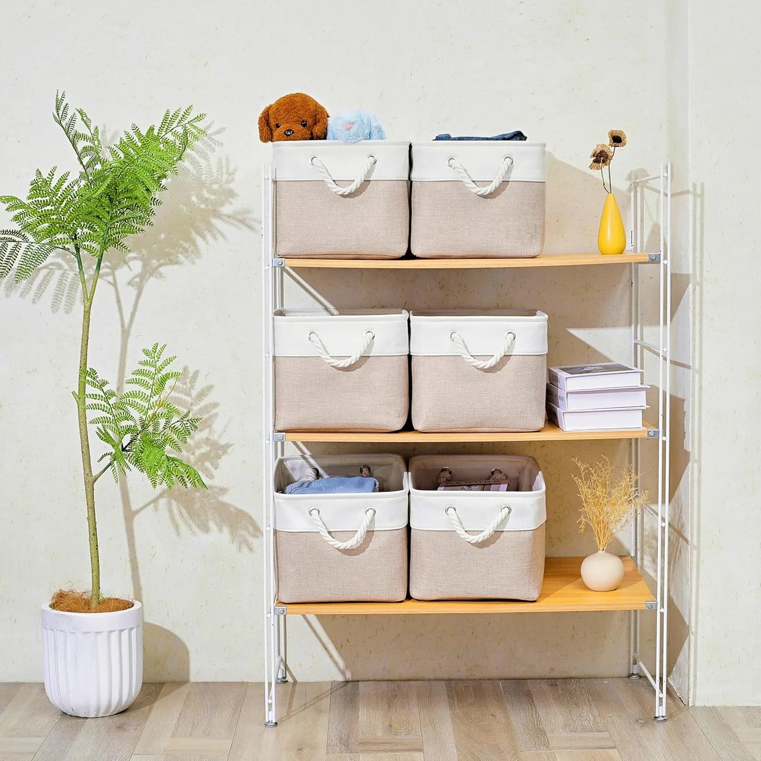 11 x 11 Inch Storage Cubes 6 Pack Large Collapsible Fabric Storage Bin White&Beige – Foldable Space-Saving Design for Simple Storage and Daily Tasks