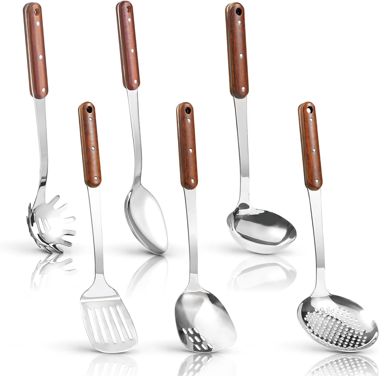 Stainless Steel Cooking Utensils Set Mirror Polished 6 Pieces Kitchen Utensils Set Kitchen Tools Set With Wooden Handle Non-Stick Heat Resistant,Dishwasher Suitable Easy to Clean – Convenient Carry Handles for Simple Storage and Daily Tasks