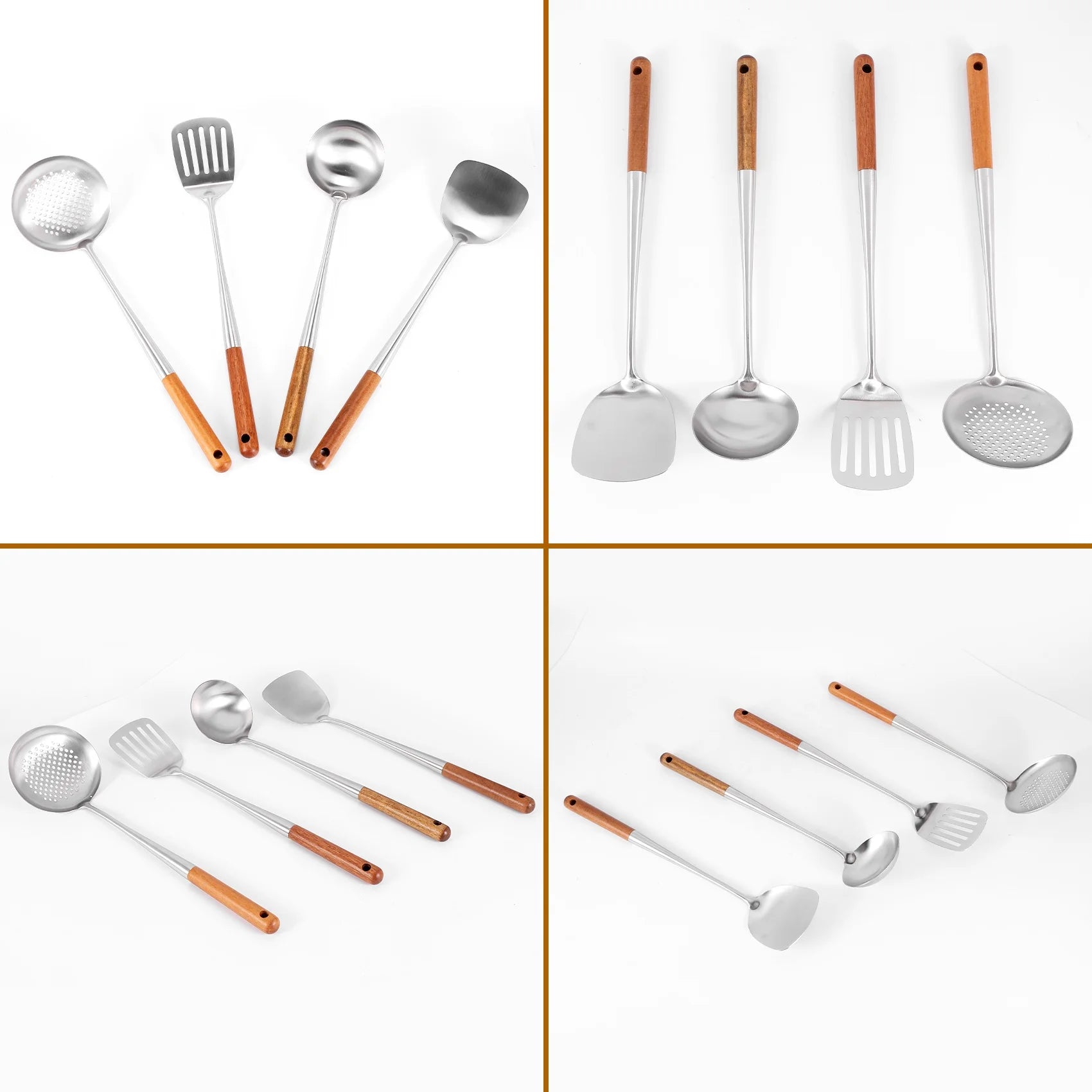 Long Handle Stainless Steel Wok Kitchen Slotted Turner Rice Spoon Ladle Cooking Tools Utensil Set – Convenient Carry Handles for Simple Storage and Daily Tasks