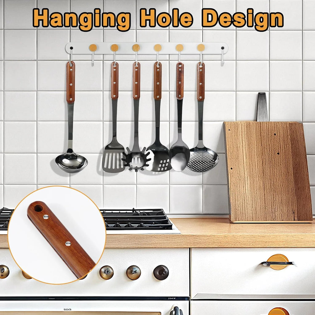 Stainless Steel Cooking Utensils Set Mirror Polished 6 Pieces Kitchen Utensils Set Kitchen Tools Set With Wooden Handle Non-Stick Heat Resistant,Dishwasher Suitable Easy to Clean – Convenient Carry Handles for Simple Storage and Daily Tasks