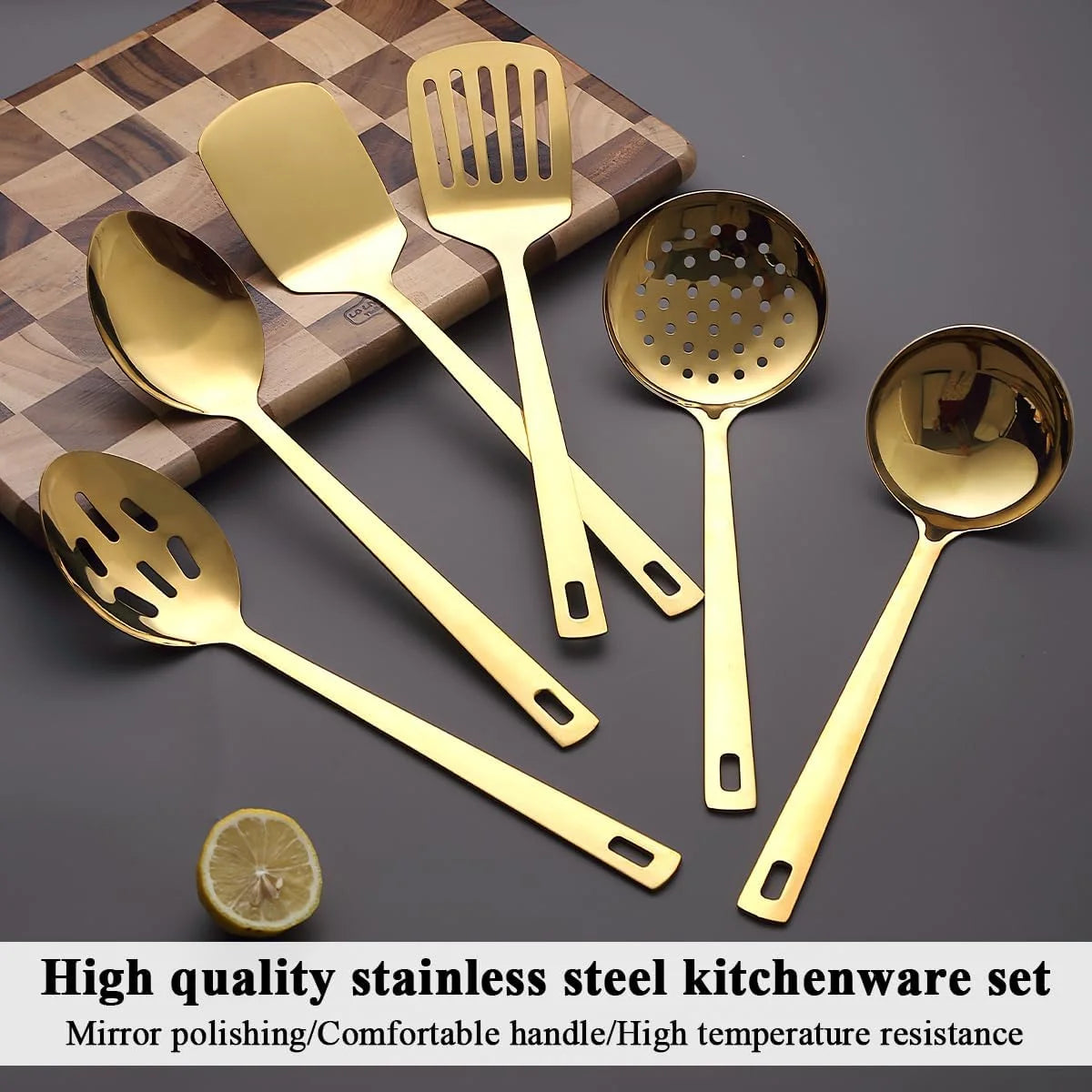 Gold Kitchen Utensils Set 6pcs Titanium Plating Stainless Steel Cooking Utensils Set Heavy Duty Kitchen Tools Spatulas Set Home Essentials Kitchen Gadgets Accessories – Durable Stainless Steel Construction for Simple Storage and Daily Tasks