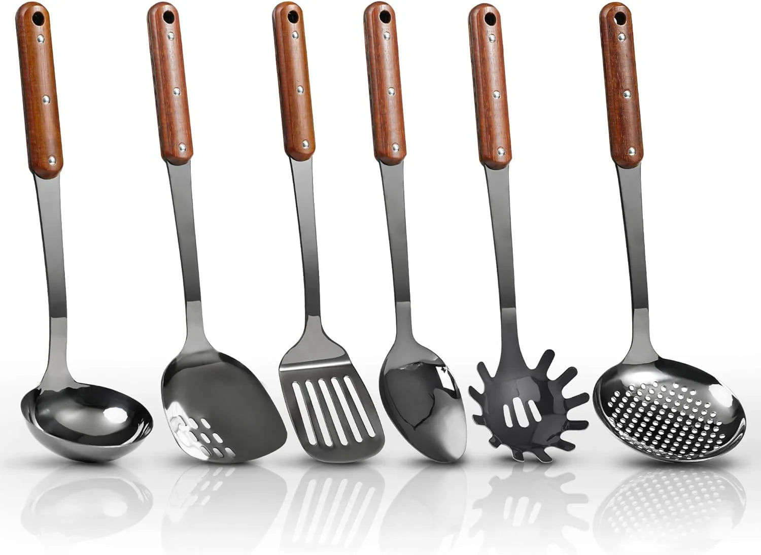 Stainless Steel Cooking Utensils Set Mirror Polished 6 Pieces Kitchen Utensils Set Kitchen Tools Set With Wooden Handle Non-Stick Heat Resistant,Dishwasher Suitable Easy to Clean – Convenient Carry Handles for Simple Storage and Daily Tasks