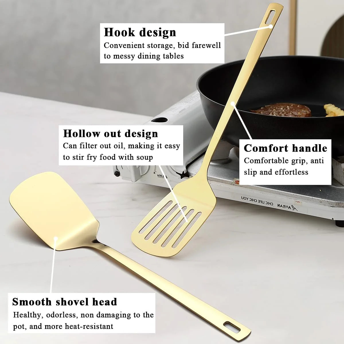 Gold Kitchen Utensils Set 6pcs Titanium Plating Stainless Steel Cooking Utensils Set Heavy Duty Kitchen Tools Spatulas Set Home Essentials Kitchen Gadgets Accessories – Durable Stainless Steel Construction for Simple Storage and Daily Tasks