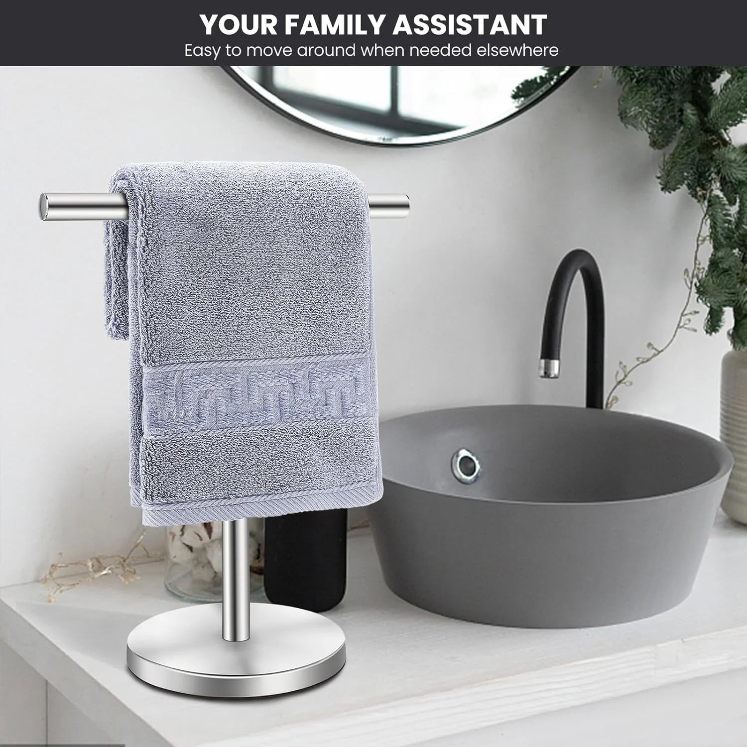 T-Shape Bath Hand Towel Holder Stand Stainless Steel Free Standing Hand Towel Rack with Heavy Base for Bathroom Kitchen & Countertop Matte Black – Durable Stainless Steel Construction for Simple Storage and Daily Tasks