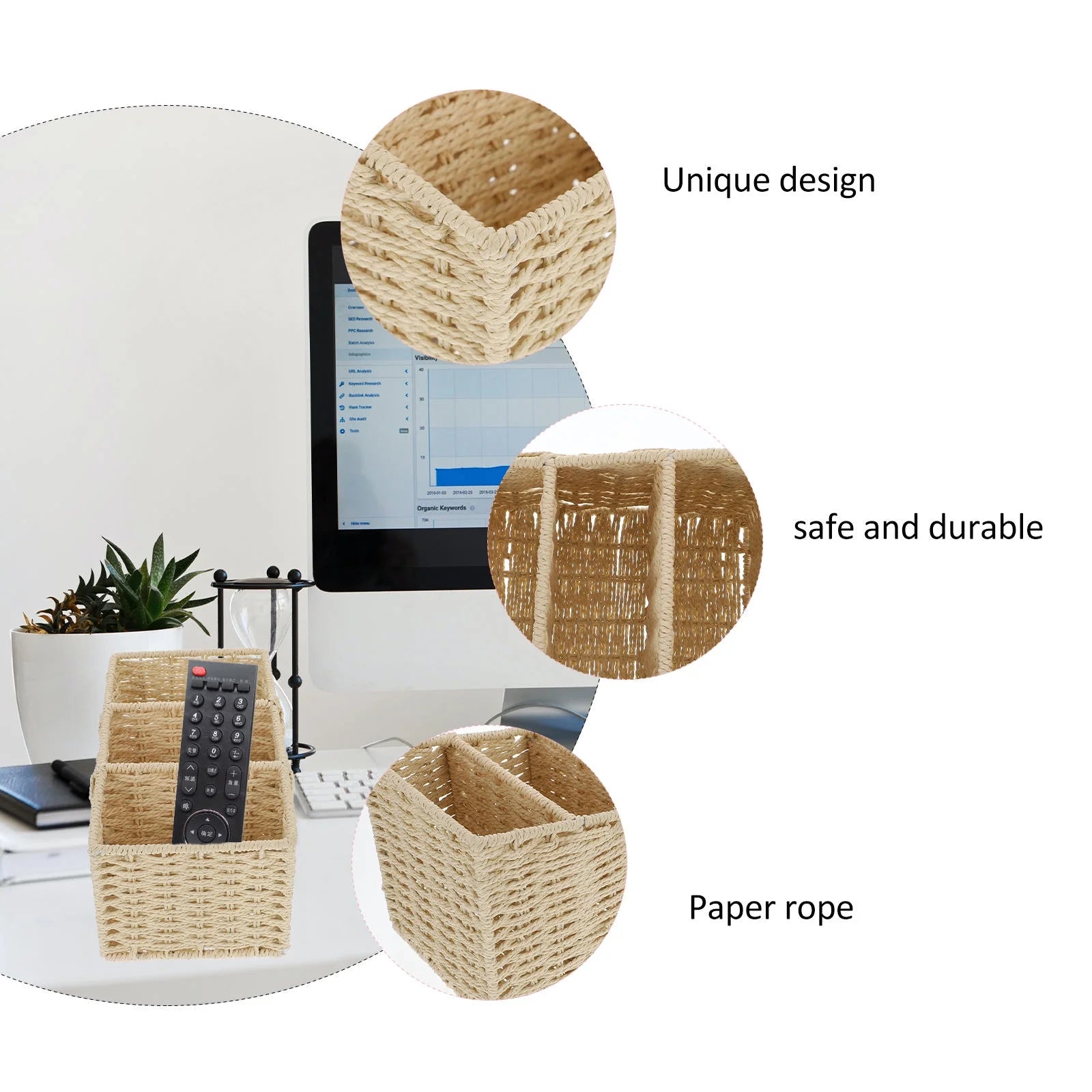 2pcs Woven 3 Compartments Woven Storage Box Bin Makeup Container Cube Organizer Divider for Home Bathroom Bedroom Closet Table Remote Beige – Multiroom Organization Format for Simple Storage and Daily Tasks