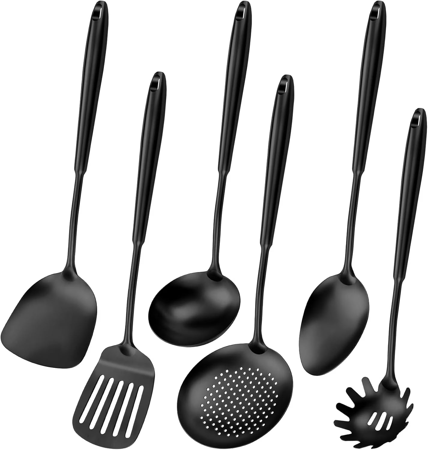 304 Stainless Steel Cooking Utensils,6 Pcs Kitchen Cooking Utensils Set with Spatula Solid Spoon Ladle Skimmer Spaghetti Spoon,Dishwasher Suitable(Black) – Durable Stainless Steel Construction for Simple Storage and Daily Tasks