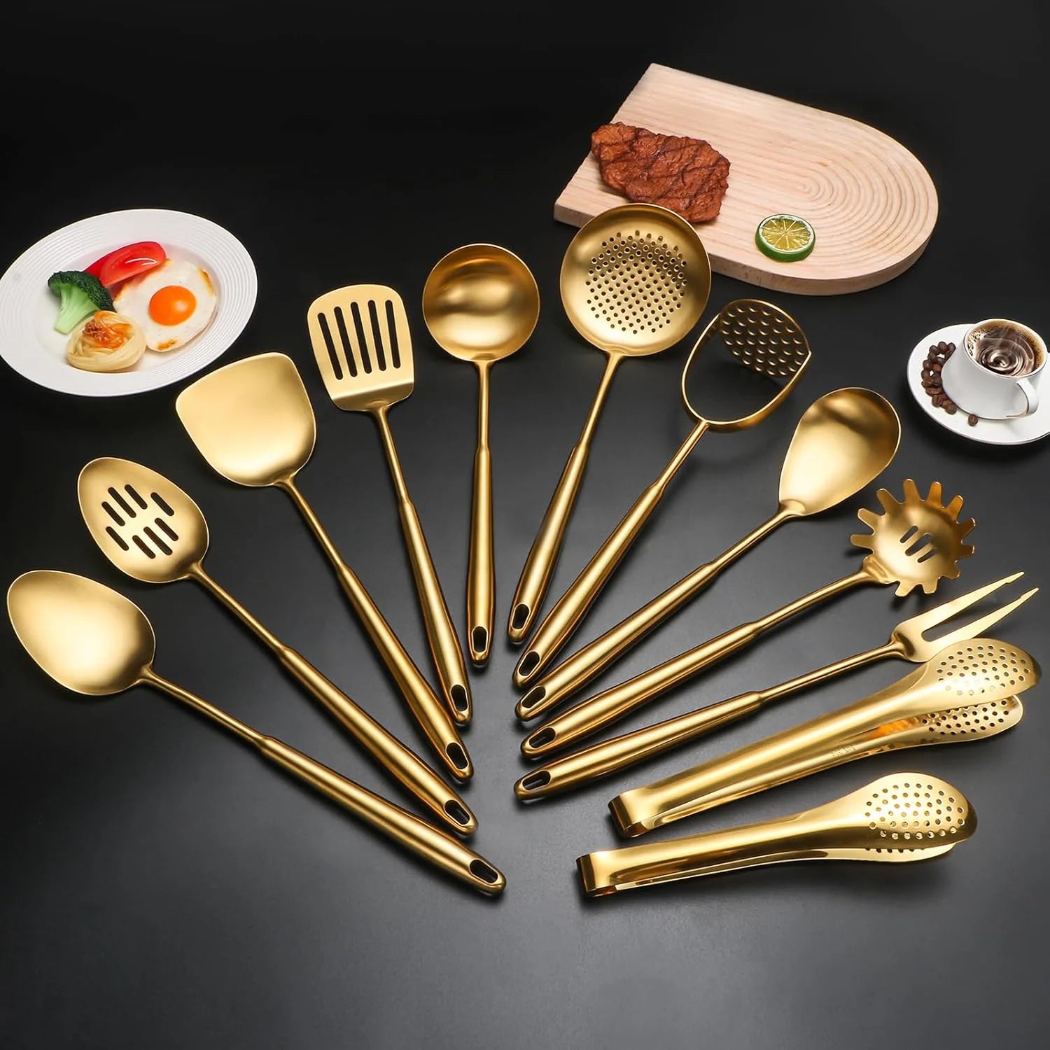 304 Stainlss Steel Kitchen Utensils Set 12 Pcs Long Metal Cooking Utensil Gadgets Tools Set with Spatula Ladle Spoon Ladle Skimmer Tunner Pasta Server Tongs(Silver Dishwasher Suitable) – Convenient Multi-Piece Set for Simple Storage and Daily Tasks