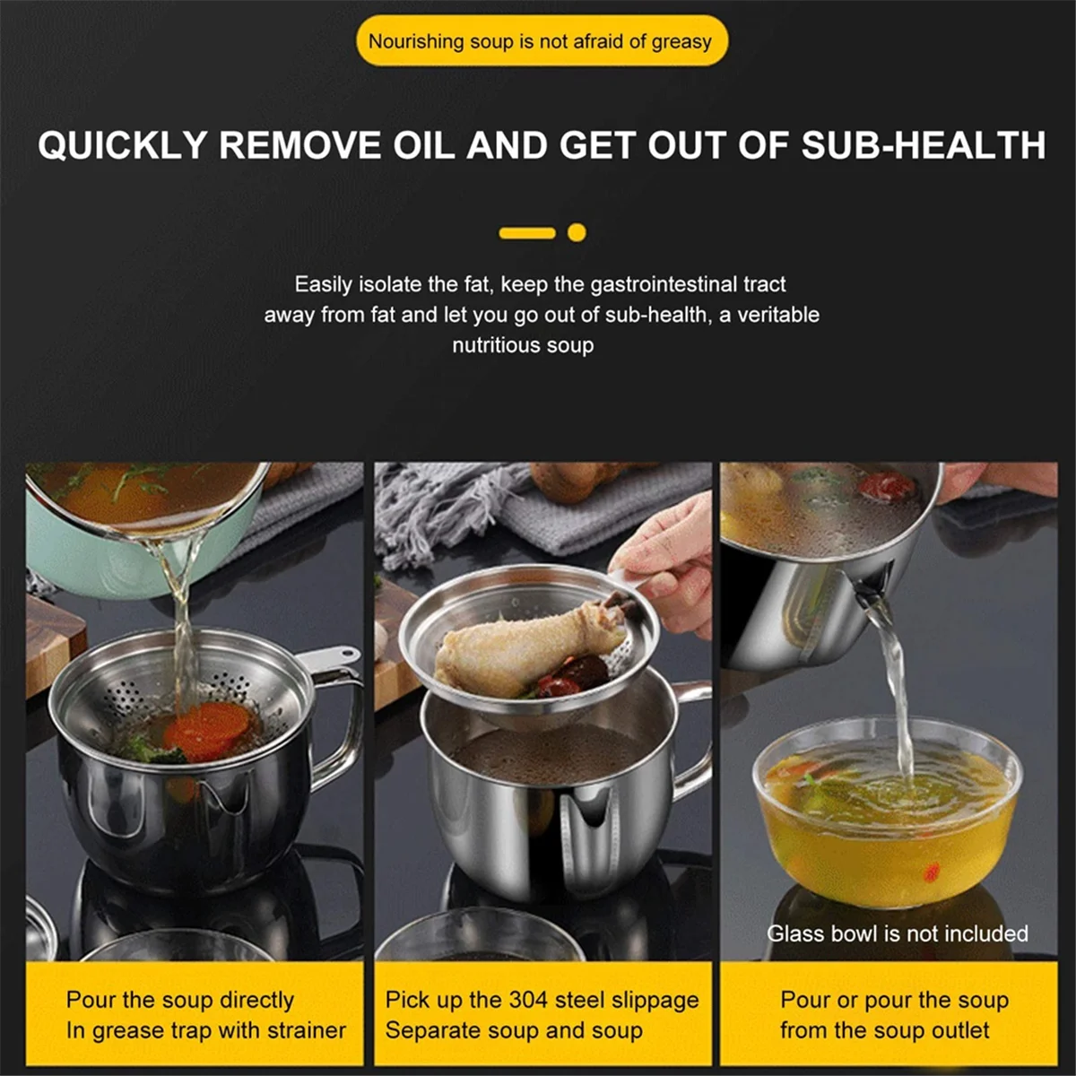 Stainless Steel Fat Separator 1L/4 Cup Gravy Grease with Strainer and Glass Lid Soup Oil Cup – Durable Stainless Steel Construction for Simple Storage and Daily Tasks