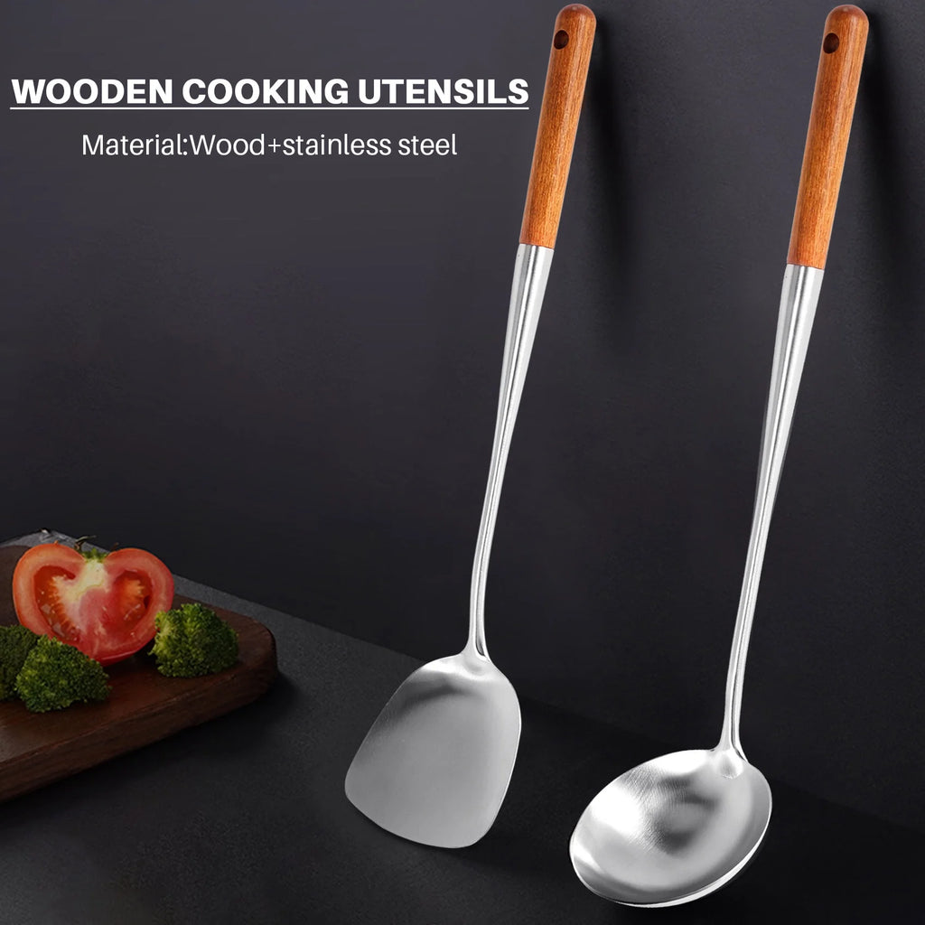 Long Handle Stainless Steel Wok Kitchen Slotted Turner Rice Spoon Ladle Cooking Tools Utensil Set – Convenient Carry Handles for Simple Storage and Daily Tasks