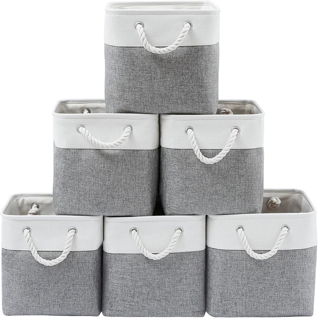 13 x 13 Inch Cube Storage Bins 6 Pack Extra Large Collapsible Fabric Storage Bin with Ropes Foldable Storage Cubes for Home (White & Beige-13"x13"x13") – Foldable Space-Saving Design for Simple Storage and Daily Tasks