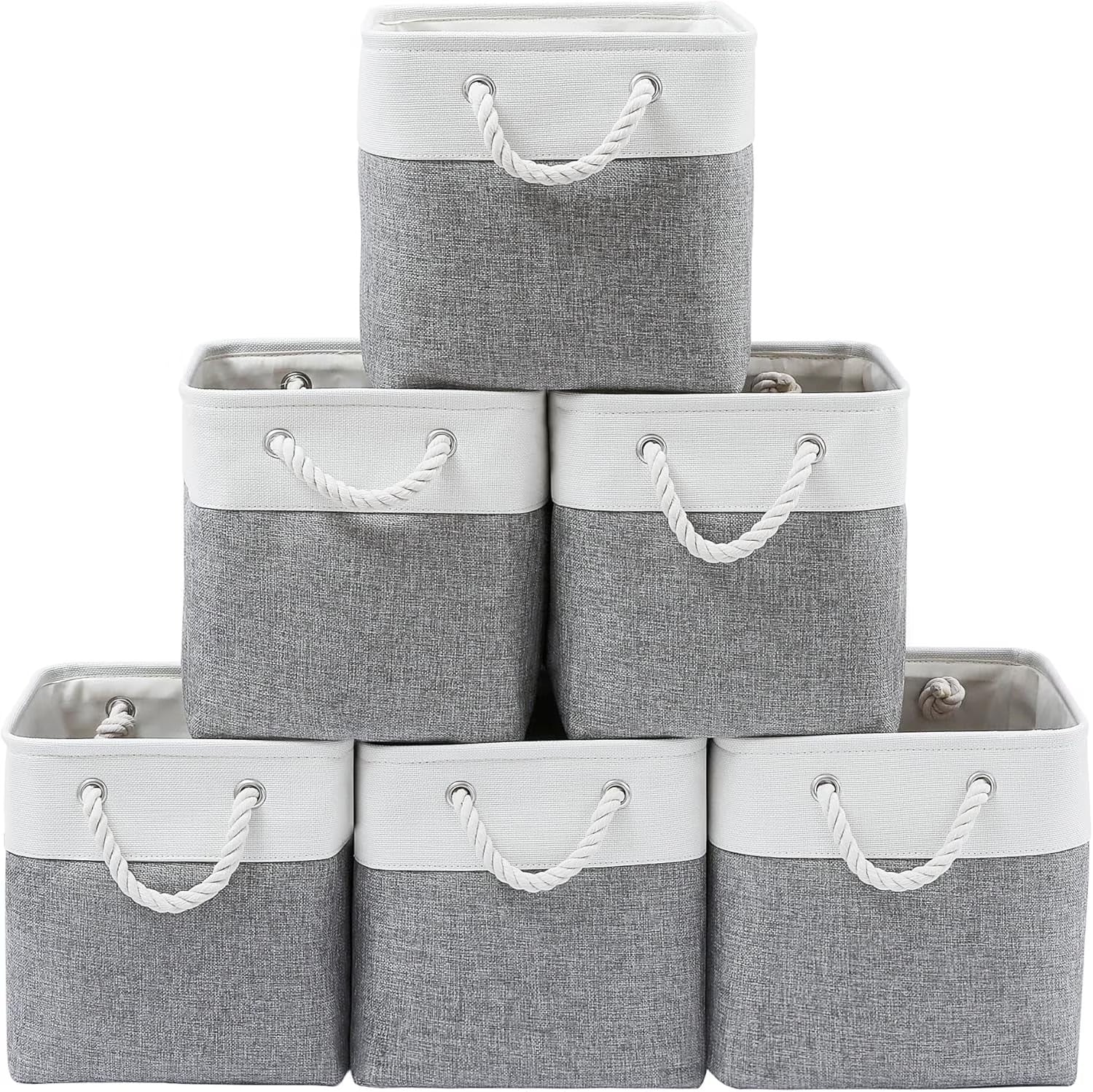 13 x 13 Inch Cube Storage Bins 6 Pack Extra Large Collapsible Fabric Storage Bin with Ropes Foldable Storage Cubes for Home (White & Beige-13"x13"x13") – Foldable Space-Saving Design for Simple Storage and Daily Tasks