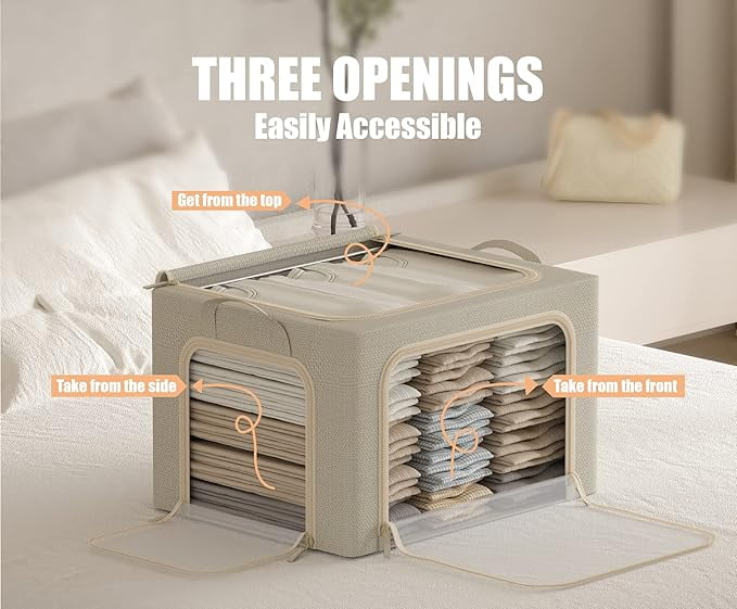 3 Openings Clothes Storage Bins with Metal Frame Foldable Storage Bin for Clothes Clothing Storage Bins with Lid Linen Storage Box With Clear Window＆ Zippers＆ Durable Handles.(3 – Multiroom Organization Format for Simple Storage and Daily Tasks
