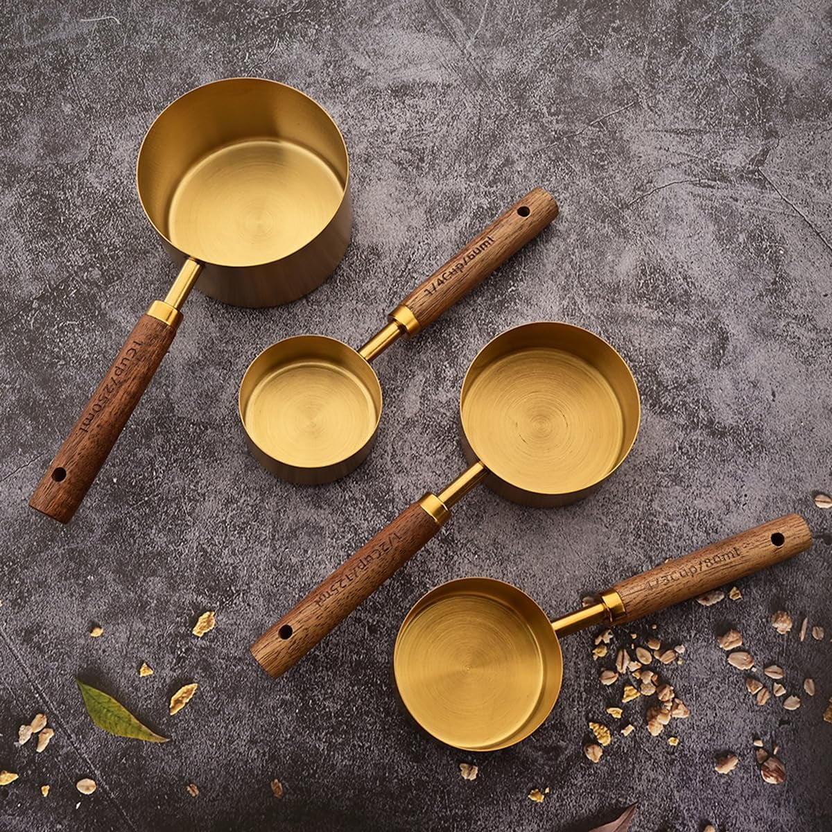 8 pieces Golden Measuring Cups Set and Measuring Spoons Set with Scale Wooden Handle Stainless Steel Dry & Liquid Measuring Cup for Cooking Baking – Convenient Carry Handles for Simple Storage and Daily Tasks