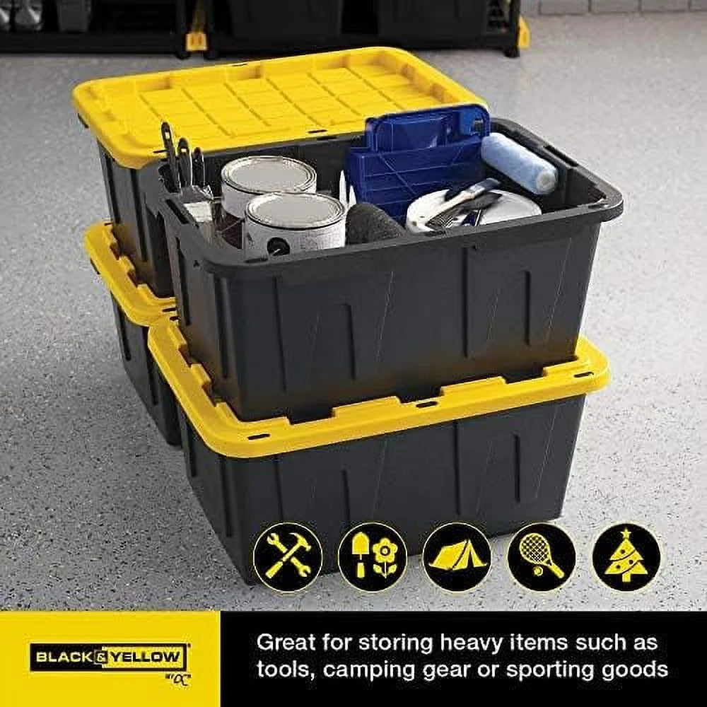 BLACK & YELLOW 27-Gallon Heavy Duty Tough Storage Container & Snap-Tight Lid (14.3"H x 20.6"W x 30.6"D) Weather-Resistant Design and Stackable Organization Tote [4 Pack] – Stackable Organization for Simple Storage and Daily Tasks