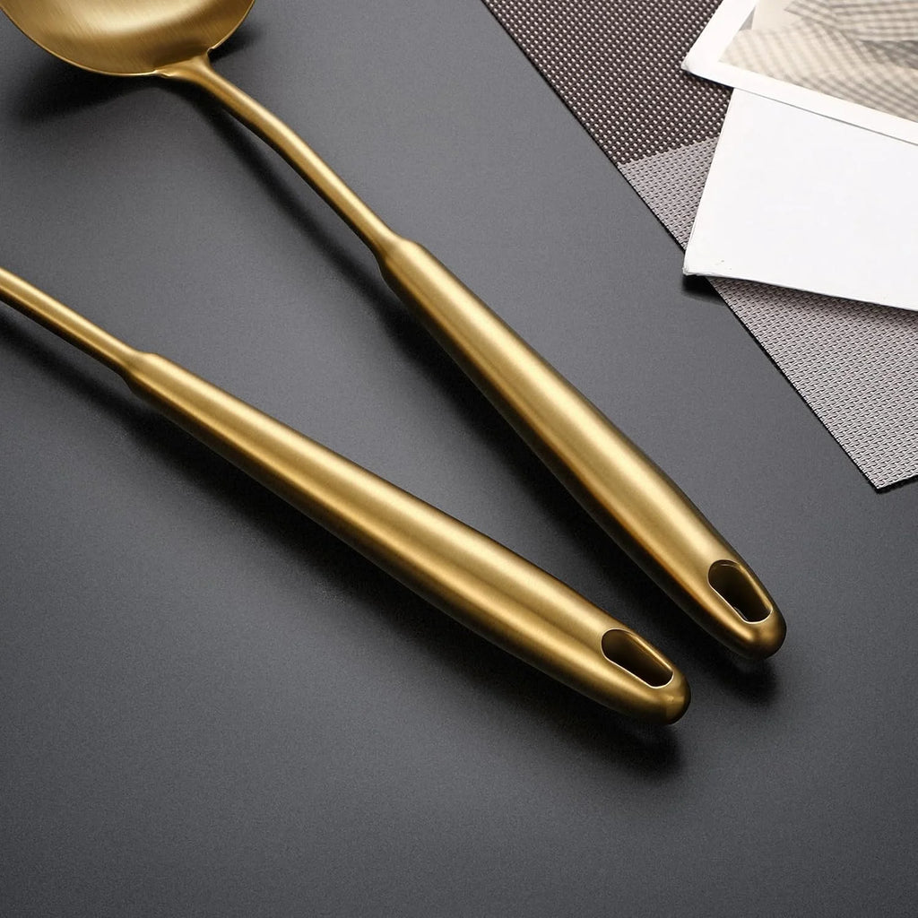 304 Stainless Steel Cooking Utensils,6 Pcs Kitchen Cooking Utensils Set with Spatula Solid Spoon Ladle Skimmer Spaghetti Spoon,Dishwasher Suitable(Gold) – Durable Stainless Steel Construction for Simple Storage and Daily Tasks